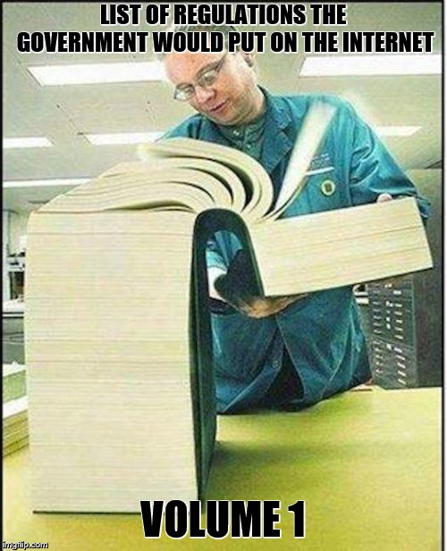 big book | LIST OF REGULATIONS THE GOVERNMENT WOULD PUT ON THE INTERNET VOLUME 1 | image tagged in big book | made w/ Imgflip meme maker