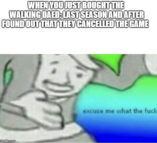 Excuse me wtf blank template | WHEN YOU JUST BOUGHT THE WALKING DAED: LAST SEASON AND AFTER FOUND OUT THAT THEY CANCELLED THE GAME | image tagged in excuse me wtf blank template | made w/ Imgflip meme maker