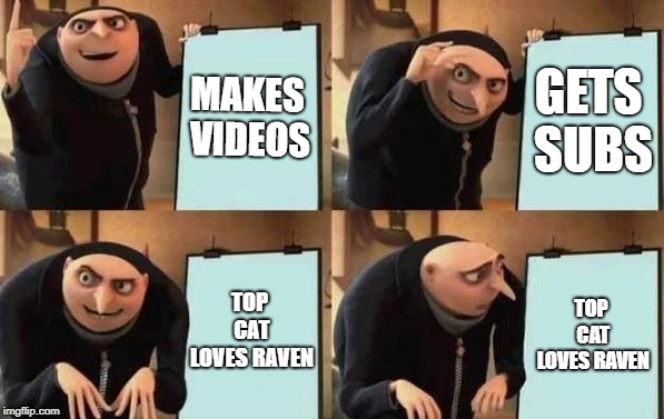 Gru's Plan Meme | MAKES VIDEOS; GETS SUBS; TOP CAT LOVES RAVEN; TOP CAT LOVES RAVEN | image tagged in gru's plan | made w/ Imgflip meme maker