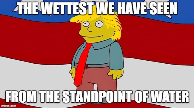 Ralph Wiggum Trump Quote | THE WETTEST WE HAVE SEEN; FROM THE STANDPOINT OF WATER | image tagged in ralph wiggum trump quote | made w/ Imgflip meme maker