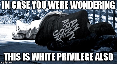 homeless vets | IN CASE YOU WERE WONDERING; THIS IS WHITE PRIVILEGE ALSO | image tagged in homeless vets | made w/ Imgflip meme maker
