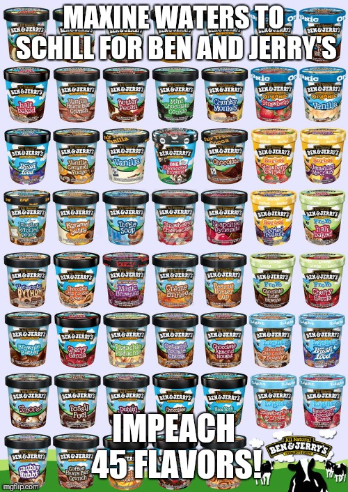 Ben and Jerry flavors | MAXINE WATERS TO SCHILL FOR BEN AND JERRY'S; IMPEACH 45 FLAVORS! | image tagged in ben and jerry flavors | made w/ Imgflip meme maker