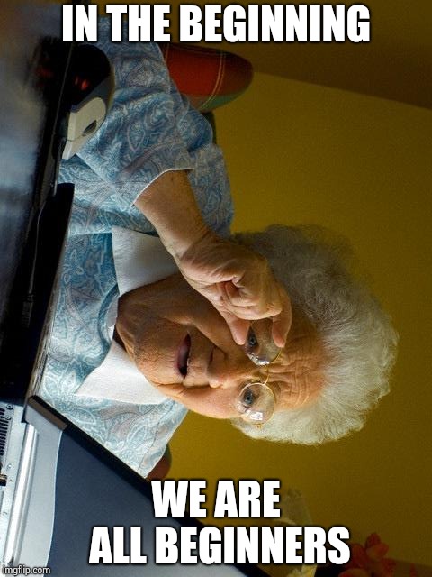 Grandma Finds The Internet Meme | IN THE BEGINNING WE ARE ALL BEGINNERS | image tagged in memes,grandma finds the internet | made w/ Imgflip meme maker