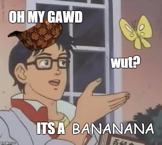 ITS A BANANANA | OH MY GAWD; wut? BANANANA; ITS A | image tagged in memes,bananas,scumbag | made w/ Imgflip meme maker