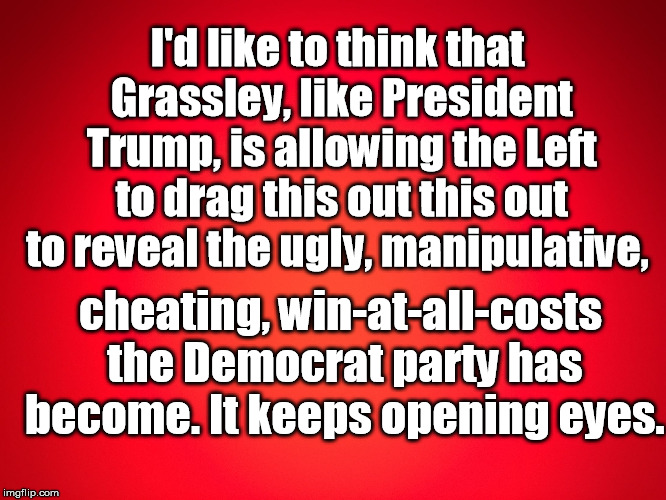 Red Background |  I'd like to think that Grassley, like President Trump, is allowing the Left to drag this out this out to reveal the ugly, manipulative, cheating, win-at-all-costs the Democrat party has become. It keeps opening eyes. | image tagged in red background | made w/ Imgflip meme maker