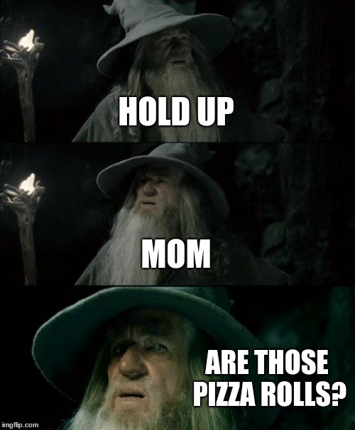 Confused Gandalf Meme | HOLD UP; MOM; ARE THOSE PIZZA ROLLS? | image tagged in memes,confused gandalf | made w/ Imgflip meme maker
