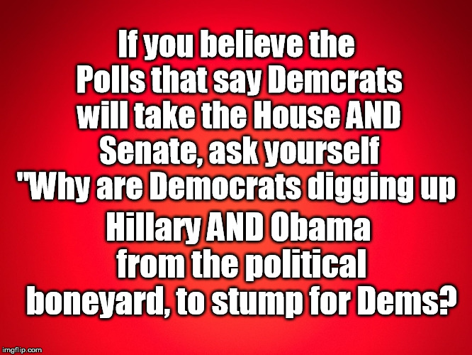 Red Background | If you believe the Polls that say Demcrats will take the House AND Senate, ask yourself "Why are Democrats digging up; Hillary AND Obama from the political boneyard, to stump for Dems? | image tagged in red background | made w/ Imgflip meme maker