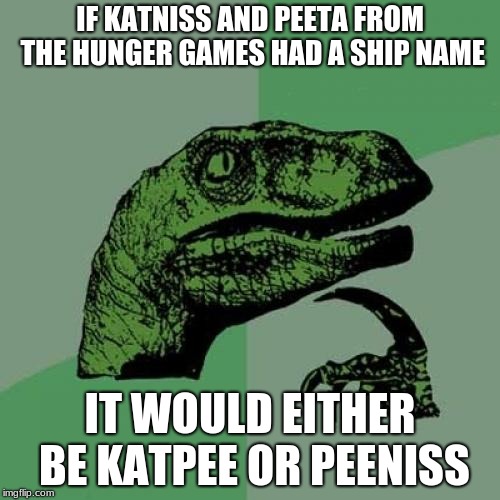 Philosoraptor | IF KATNISS AND PEETA FROM THE HUNGER GAMES HAD A SHIP NAME; IT WOULD EITHER BE KATPEE OR PEENISS | image tagged in memes,philosoraptor | made w/ Imgflip meme maker