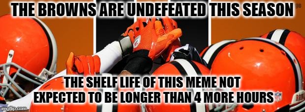 Cleveland Browns   | THE BROWNS ARE UNDEFEATED THIS SEASON; THE SHELF LIFE OF THIS MEME NOT EXPECTED TO BE LONGER THAN 4 MORE HOURS | image tagged in cleveland browns | made w/ Imgflip meme maker