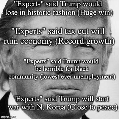 Political “experts” have lost all credibility | "Experts" said Trump would lose in historic fashion (Huge win); "Experts" said tax cut will ruin economy (Record growth); "Experts" said Trump would be horrible for black community (lowest ever unemployment); 'Experts" said Trump will start war with N. Korea (Close to peace) | image tagged in maga | made w/ Imgflip meme maker