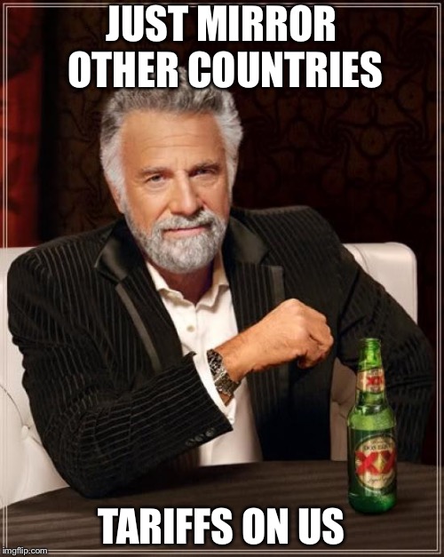 The Most Interesting Man In The World Meme | JUST MIRROR OTHER COUNTRIES TARIFFS ON US | image tagged in memes,the most interesting man in the world | made w/ Imgflip meme maker