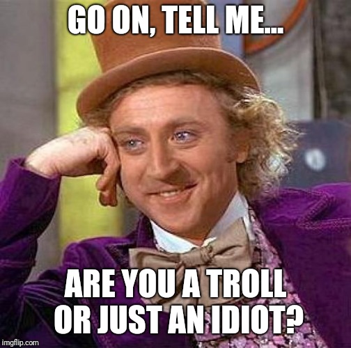 Creepy Condescending Wonka | GO ON, TELL ME... ARE YOU A TROLL OR JUST AN IDIOT? | image tagged in memes,creepy condescending wonka | made w/ Imgflip meme maker