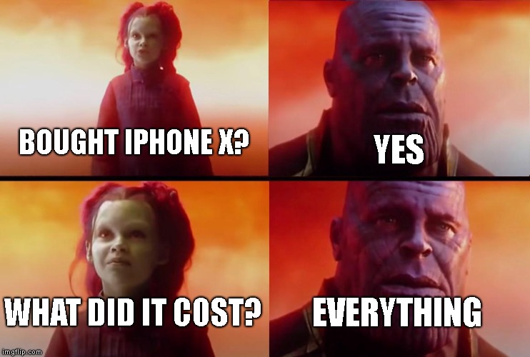 thanos what did it cost |  YES; BOUGHT IPHONE X? WHAT DID IT COST? EVERYTHING | image tagged in thanos what did it cost,iphone x | made w/ Imgflip meme maker