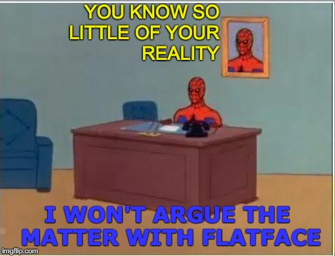 Spiderman Computer Desk | YOU KNOW SO                LITTLE OF YOUR                                REALITY; I WON'T ARGUE THE MATTER WITH FLATFACE | image tagged in memes,spiderman computer desk,spiderman | made w/ Imgflip meme maker
