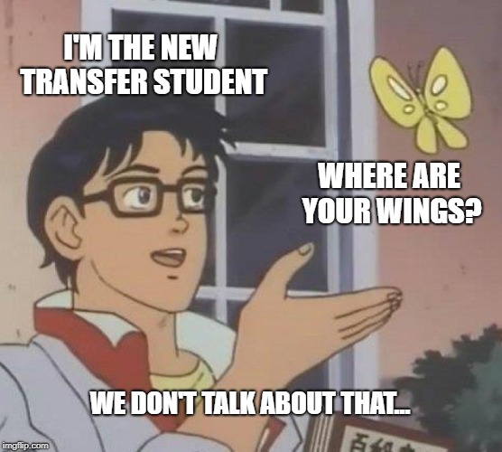 Is This A Pigeon | I'M THE NEW TRANSFER STUDENT; WHERE ARE YOUR WINGS? WE DON'T TALK ABOUT THAT... | image tagged in memes,is this a pigeon | made w/ Imgflip meme maker