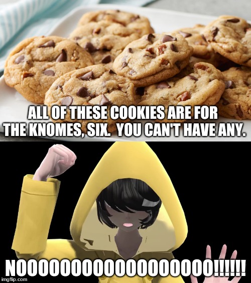Six Can't Have Cookies. | ALL OF THESE COOKIES ARE FOR THE KNOMES, SIX.  YOU CAN'T HAVE ANY. NOOOOOOOOOOOOOOOOOO!!!!!! | image tagged in cookies,little,nightmares,memes,funny | made w/ Imgflip meme maker