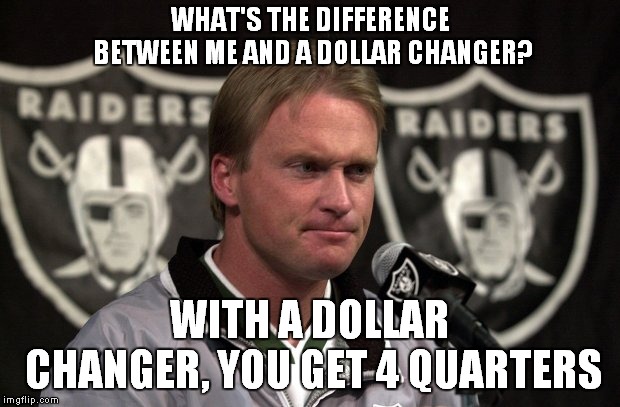 Khalil Mack For A Blocking Sled And A Jock Used By Mitch Trubisky? Sounds Fair To Me.. | WHAT'S THE DIFFERENCE BETWEEN ME AND A DOLLAR CHANGER? WITH A DOLLAR CHANGER, YOU GET 4 QUARTERS | image tagged in jon gruden | made w/ Imgflip meme maker