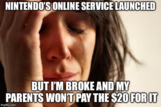 Most People After Nintendo Switch Online Launched | NINTENDO’S ONLINE SERVICE LAUNCHED; BUT I’M BROKE AND MY PARENTS WON’T PAY THE $20 FOR IT | image tagged in memes,first world problems,nintendo,nintendo switch | made w/ Imgflip meme maker