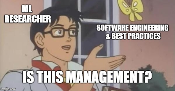 Is This a Pigeon |  ML RESEARCHER; SOFTWARE ENGINEERING & BEST PRACTICES; IS THIS MANAGEMENT? | image tagged in is this a pigeon | made w/ Imgflip meme maker