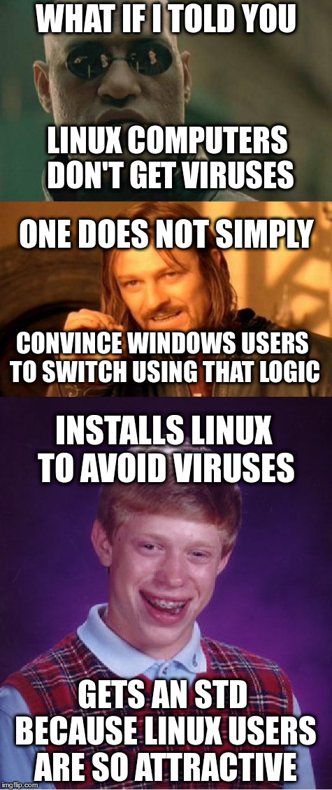 Just sayin'... | WHAT IF I TOLD YOU; LINUX COMPUTERS DON'T GET VIRUSES; ONE DOES NOT SIMPLY; CONVINCE WINDOWS USERS TO SWITCH USING THAT LOGIC; INSTALLS LINUX TO AVOID VIRUSES; GETS AN STD BECAUSE LINUX USERS ARE SO ATTRACTIVE | image tagged in linux,matrix morpheus,one does not simply,bad luck brian,funny | made w/ Imgflip meme maker