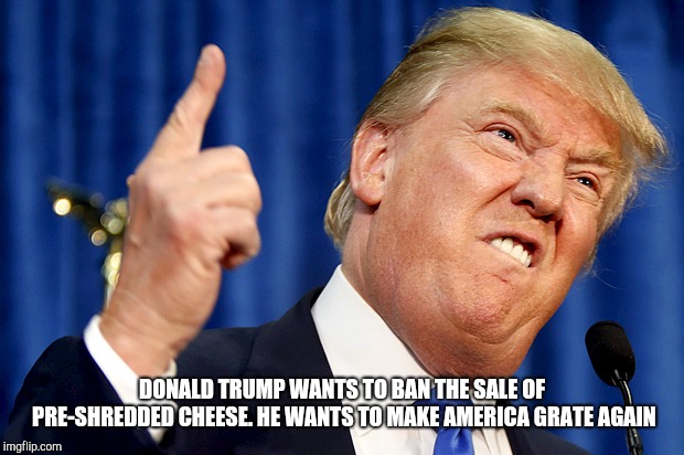 Donald Trump | DONALD TRUMP WANTS TO BAN THE SALE OF PRE-SHREDDED CHEESE. HE WANTS TO MAKE AMERICA GRATE AGAIN | image tagged in donald trump | made w/ Imgflip meme maker