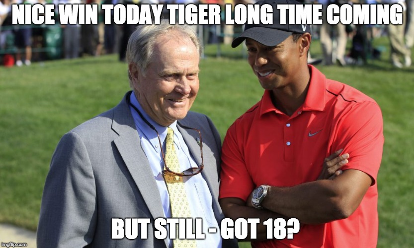 Tiger Woods Who? | NICE WIN TODAY TIGER LONG TIME COMING; BUT STILL - GOT 18? | image tagged in tiger woods,pga tour,golf,bill murray golf,boobs,donald trump | made w/ Imgflip meme maker