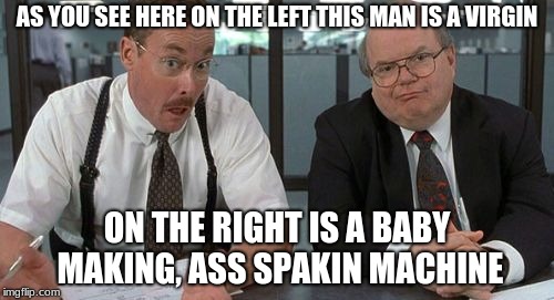 The Bobs Meme | AS YOU SEE HERE ON THE LEFT THIS MAN IS A VIRGIN; ON THE RIGHT IS A BABY MAKING, ASS SPAKIN MACHINE | image tagged in memes,the bobs | made w/ Imgflip meme maker