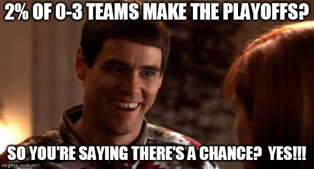 So you're saying there's a chance | 2% OF 0-3 TEAMS MAKE THE PLAYOFFS? SO YOU'RE SAYING THERE'S A CHANCE?  YES!!! | image tagged in so you're saying there's a chance | made w/ Imgflip meme maker