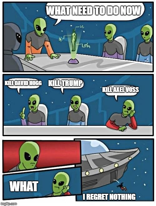 Alien Meeting Suggestion Meme | WHAT NEED TO DO NOW; KILL DAVID HOGG; KILL TRUMP; KILL AXEL VOSS; WHAT; I REGRET NOTHING | image tagged in memes,alien meeting suggestion | made w/ Imgflip meme maker
