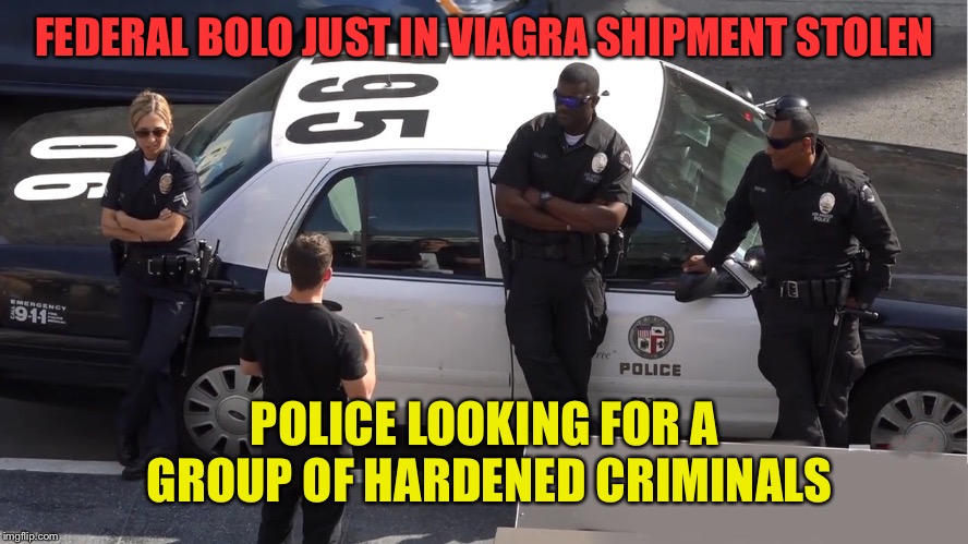 Be on the look out (bolo) hardened criminals expected to be armed and dangerous  | FEDERAL BOLO JUST IN VIAGRA SHIPMENT STOLEN; POLICE LOOKING FOR A GROUP OF HARDENED CRIMINALS | image tagged in bolo,criminals,viagra | made w/ Imgflip meme maker