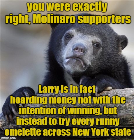 Larry Sharpe and His Runny Omelettes! | you were exactly right, Molinaro supporters; Larry is in fact hoarding money not with the intention of winning, but instead to try every runny omelette across New York state | image tagged in memes,confession bear,midterms 2018,marc molinaro,larry sharpe,new york | made w/ Imgflip meme maker
