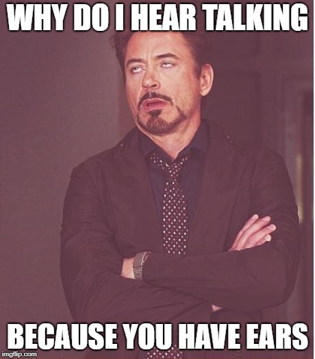 Face You Make Robert Downey Jr Meme | WHY DO I HEAR TALKING; BECAUSE YOU HAVE EARS | image tagged in memes,face you make robert downey jr | made w/ Imgflip meme maker