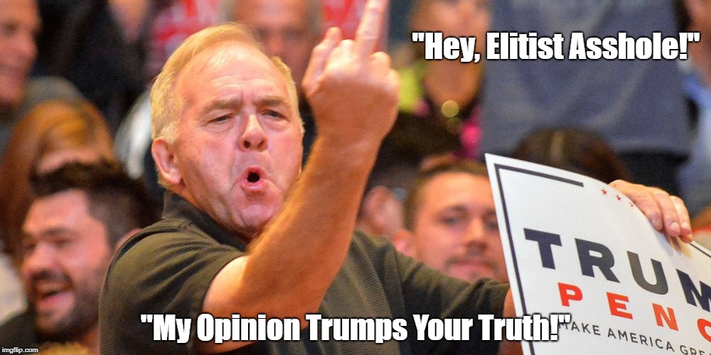 "Hey, Elitist Asshole! My Opinion Trumps Your Truth!" | "Hey, Elitist Asshole!" "My Opinion Trumps Your Truth!" | image tagged in truth,alternative facts,opinion,trump,opinion trumps truth | made w/ Imgflip meme maker