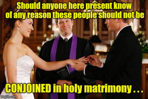 Wedding Altar | Should anyone here present know of any reason these
people should not be CONJOINED in holy matrimony . . . | image tagged in wedding altar | made w/ Imgflip meme maker