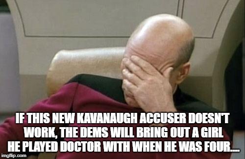 Captain Picard Facepalm Meme | IF THIS NEW KAVANAUGH ACCUSER DOESN'T WORK, THE DEMS WILL BRING OUT A GIRL HE PLAYED DOCTOR WITH WHEN HE WAS FOUR.... | image tagged in memes,captain picard facepalm | made w/ Imgflip meme maker