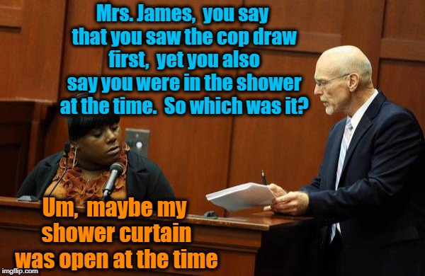 Mrs. James,  you say that you saw the cop draw first,  yet you also say you were in the shower at the time.  So which was it? Um,  maybe my  | made w/ Imgflip meme maker