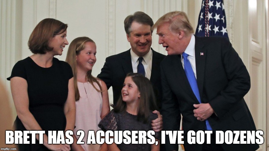 Brett has 2 accusers, I've got dozens | BRETT HAS 2 ACCUSERS, I'VE GOT DOZENS | image tagged in trump and kavanaugh,sexual assault,kavanaugh,trump | made w/ Imgflip meme maker