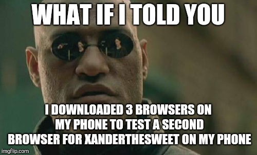 Just to make sure I have the best browser! | WHAT IF I TOLD YOU; I DOWNLOADED 3 BROWSERS ON MY PHONE TO TEST A SECOND BROWSER FOR XANDERTHESWEET ON MY PHONE | image tagged in memes,matrix morpheus,xanderthesweet,internet browser,phone | made w/ Imgflip meme maker