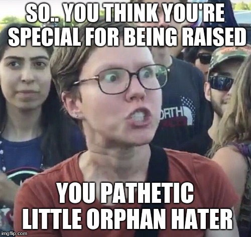 Triggered feminist | SO.. YOU THINK YOU'RE SPECIAL FOR BEING RAISED YOU PATHETIC LITTLE ORPHAN HATER | image tagged in triggered feminist | made w/ Imgflip meme maker