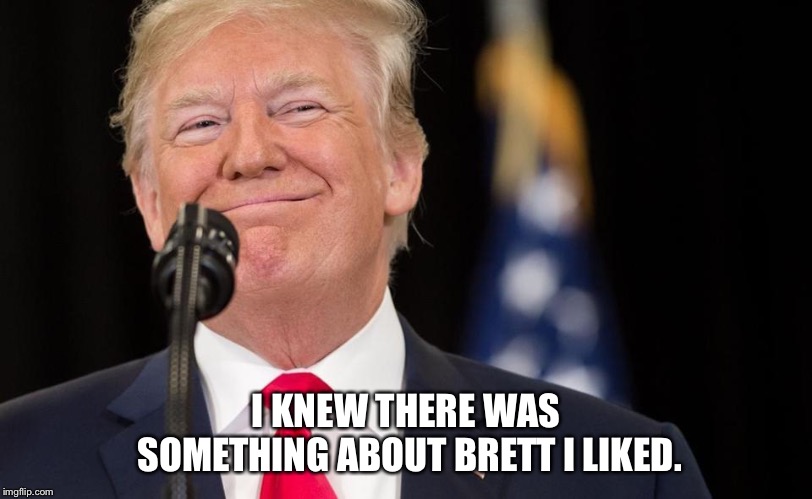 Trump Smirk | I KNEW THERE WAS SOMETHING ABOUT BRETT I LIKED. | image tagged in trump smirk | made w/ Imgflip meme maker