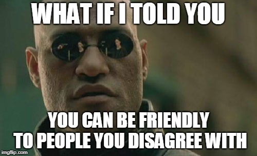 Reasonable Morpheus | WHAT IF I TOLD YOU; YOU CAN BE FRIENDLY TO PEOPLE YOU DISAGREE WITH | image tagged in memes,matrix morpheus | made w/ Imgflip meme maker