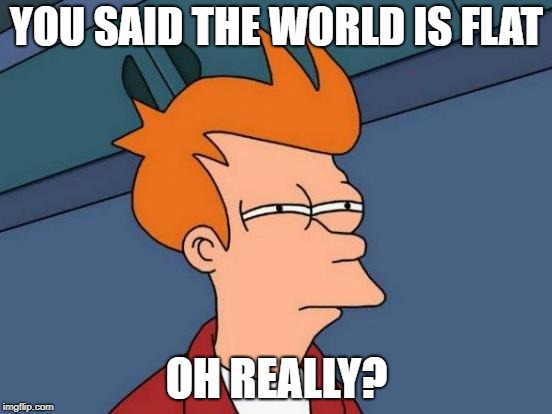 Futurama Fry | YOU SAID THE WORLD IS FLAT; OH REALLY? | image tagged in memes,futurama fry | made w/ Imgflip meme maker