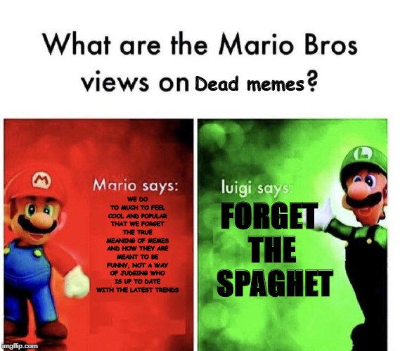 Mario Bros Views | Dead memes; WE DO TO MUCH TO FEEL COOL AND POPULAR THAT WE FORGET THE TRUE MEANING OF MEMES AND HOW THEY ARE MEANT TO BE FUNNY, NOT A WAY OF JUDGING WHO IS UP TO DATE WITH THE LATEST TRENDS; FORGET THE 
SPAGHET | image tagged in mario bros views | made w/ Imgflip meme maker