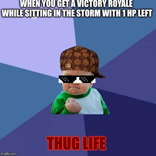 Boom b**** | WHEN YOU GET A VICTORY ROYALE WHILE SITTING IN THE STORM WITH 1 HP LEFT; THUG LIFE | image tagged in memes,success kid,scumbag,fortnite,victory,storm | made w/ Imgflip meme maker