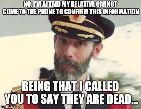 Sometimes... people...  | NO, I'M AFTAID MY RELATIVE CANNOT COME TO THE PHONE TO CONFIRM THIS INFORMATION; BEING THAT I CALLED YOU TO SAY THEY ARE DEAD... | image tagged in captain obvious | made w/ Imgflip meme maker