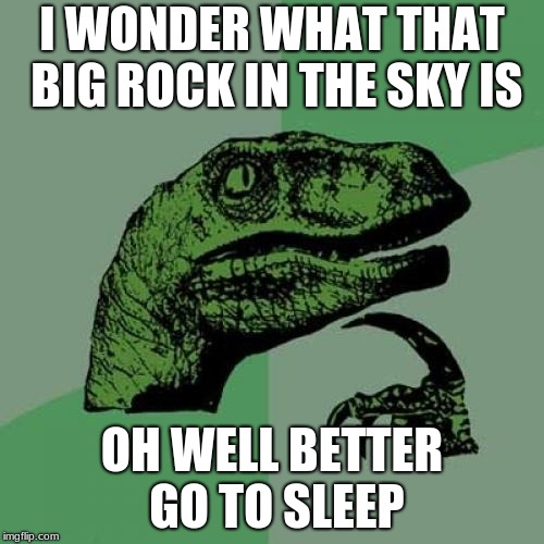Philosoraptor | I WONDER WHAT THAT BIG ROCK IN THE SKY IS; OH WELL BETTER GO TO SLEEP | image tagged in memes,philosoraptor | made w/ Imgflip meme maker