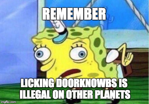 Mocking Spongebob Meme | REMEMBER; LICKING DOORKNOWBS IS ILLEGAL ON OTHER PLANETS | image tagged in memes,mocking spongebob | made w/ Imgflip meme maker