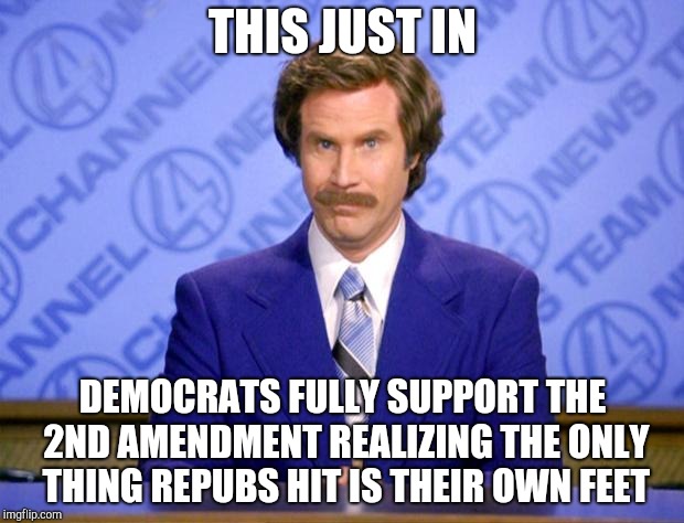 This just in  | THIS JUST IN; DEMOCRATS FULLY SUPPORT THE 2ND AMENDMENT REALIZING THE ONLY THING REPUBS HIT IS THEIR OWN FEET | image tagged in this just in | made w/ Imgflip meme maker