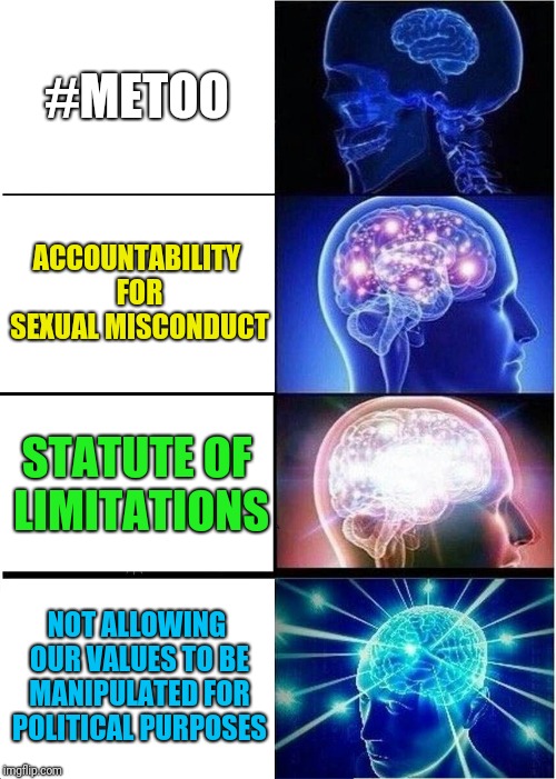 Precedence means priority of importance | #METOO; ACCOUNTABILITY FOR SEXUAL MISCONDUCT; STATUTE OF LIMITATIONS; NOT ALLOWING OUR VALUES TO BE MANIPULATED FOR POLITICAL PURPOSES | image tagged in memes,expanding brain | made w/ Imgflip meme maker