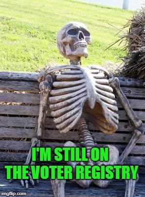 Waiting Skeleton Meme | I'M STILL ON THE VOTER REGISTRY | image tagged in memes,waiting skeleton | made w/ Imgflip meme maker